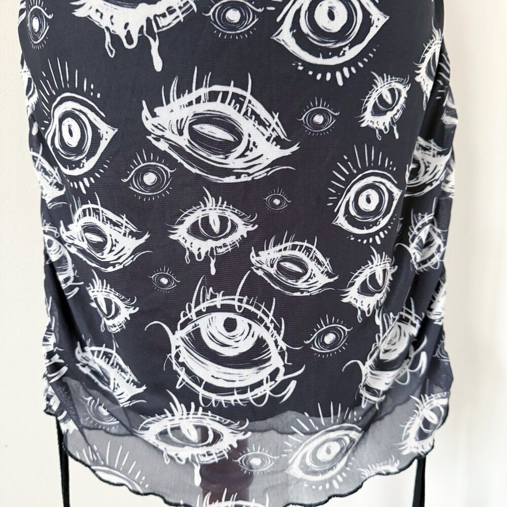 Grunge Punk Eye Eyeball Goth Drawstring Cinched Black Dress L Large Ruched - Picture 7 of 16